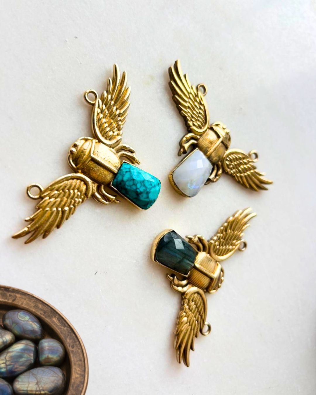 Winged Scarab Brass Stone Connector - Image 2