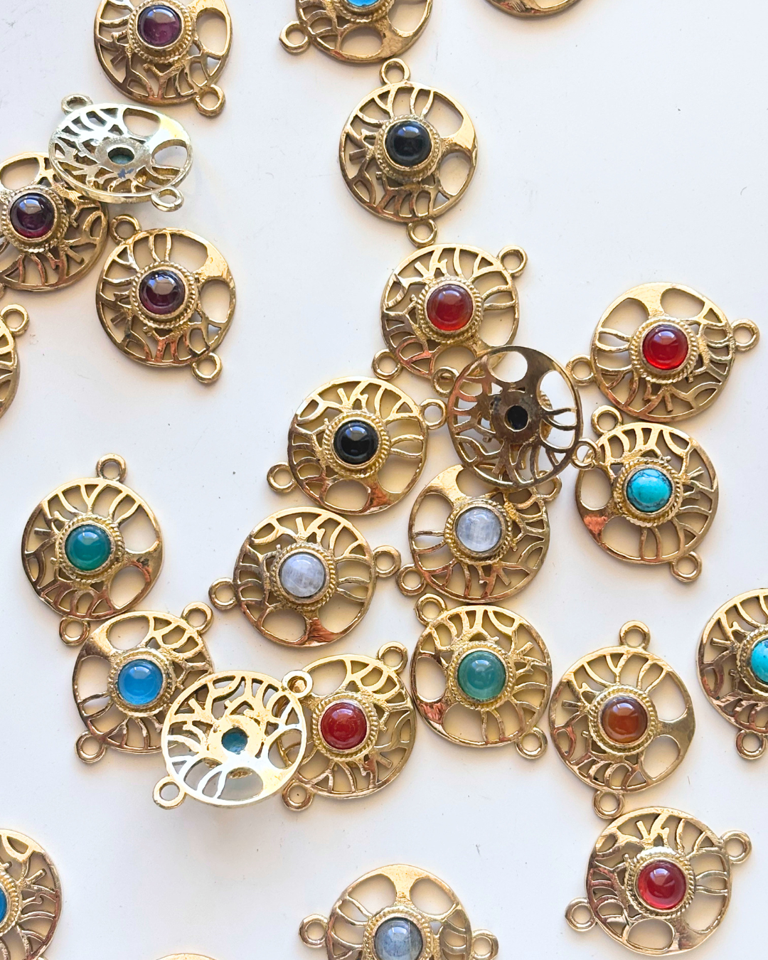 Tribal Tree Circle Brass Connectors with Round Gemstone - Image 4