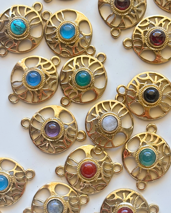 Tribal Tree Circle Brass Connectors with Round Gemstone