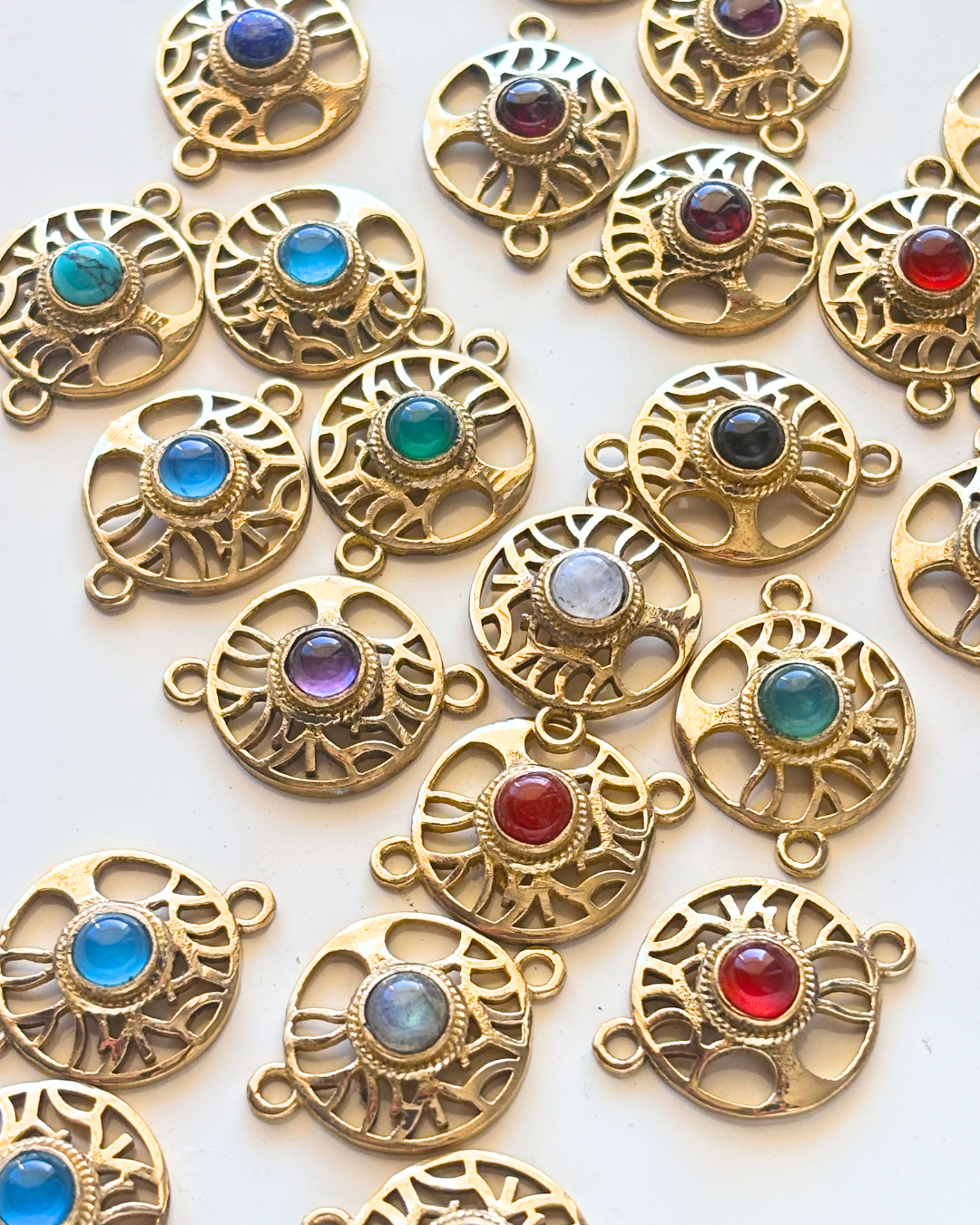 Tribal Tree Circle Brass Connectors with Round Gemstone - Image 2