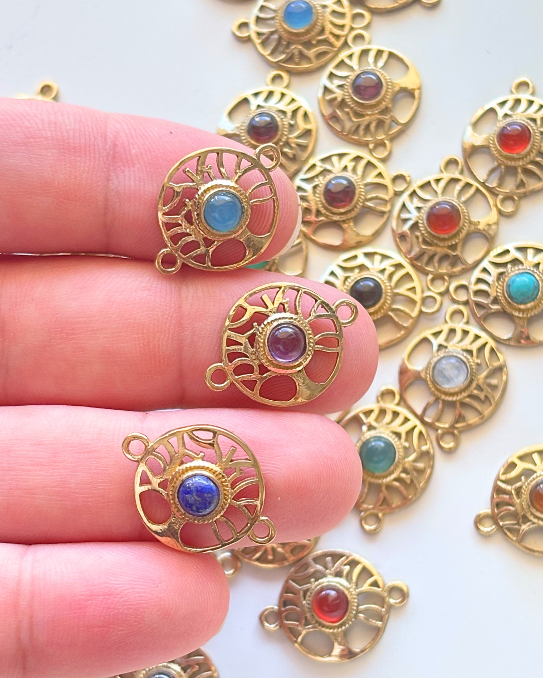 Tribal Tree Circle Brass Connectors with Round Gemstone - Image 5
