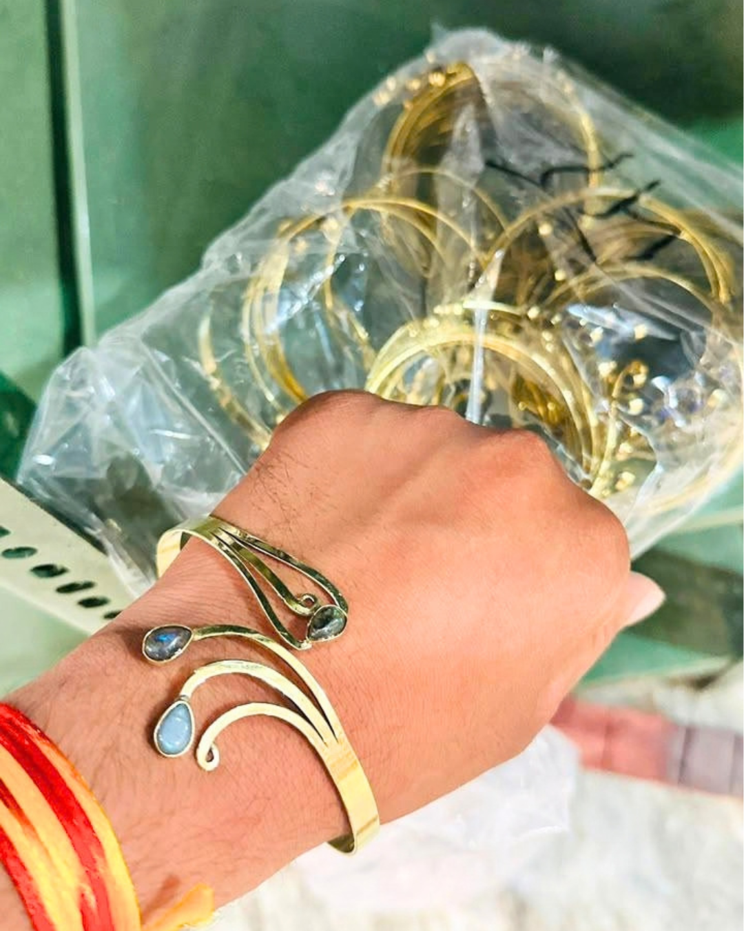 Swirl Brass Cuff Bracelet With Natural Stones - Image 4