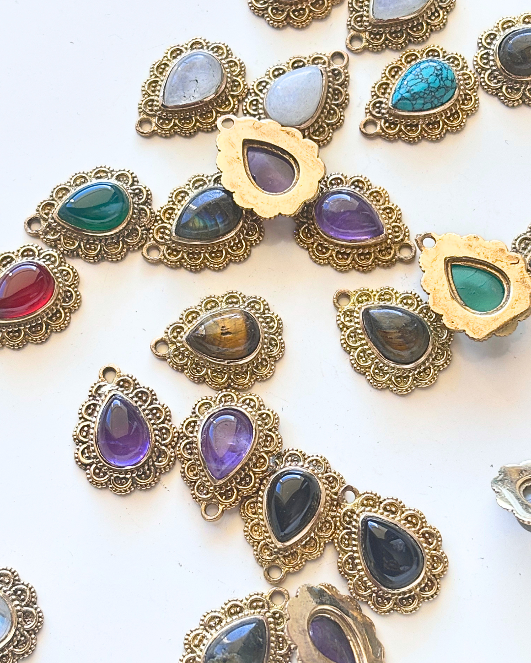 Teardrop Stone Pendant with Ornate Brass Setting - Image 4