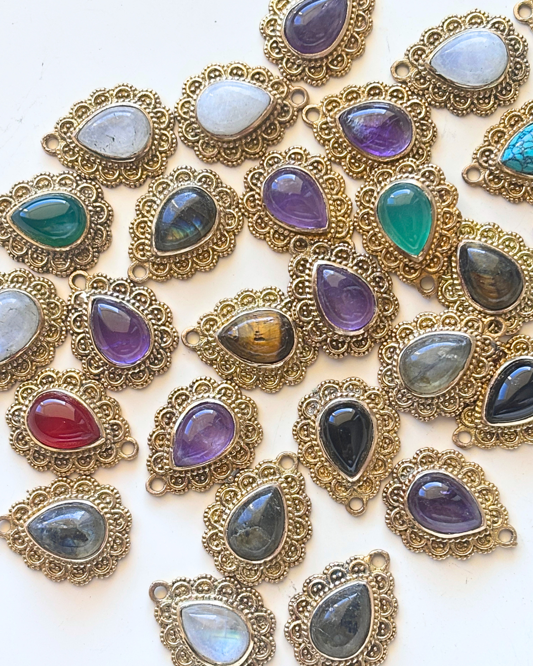 Teardrop Stone Pendant with Ornate Brass Setting - Image 3