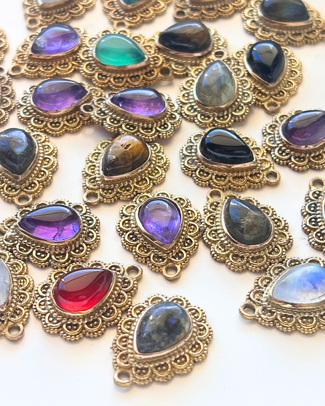 Teardrop Stone Pendant with Ornate Brass Setting - Image 2