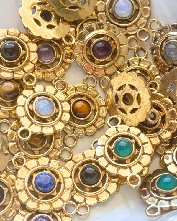Fluted Circle Brass Connectors with Round Gemstone