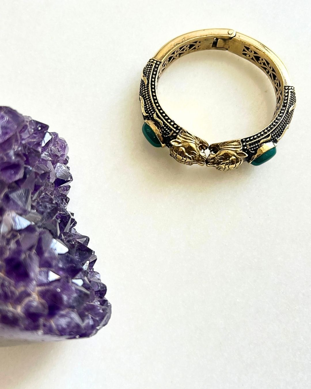 Double Elephant Brass Cuff Bracelet With Natural Stones - Image 3