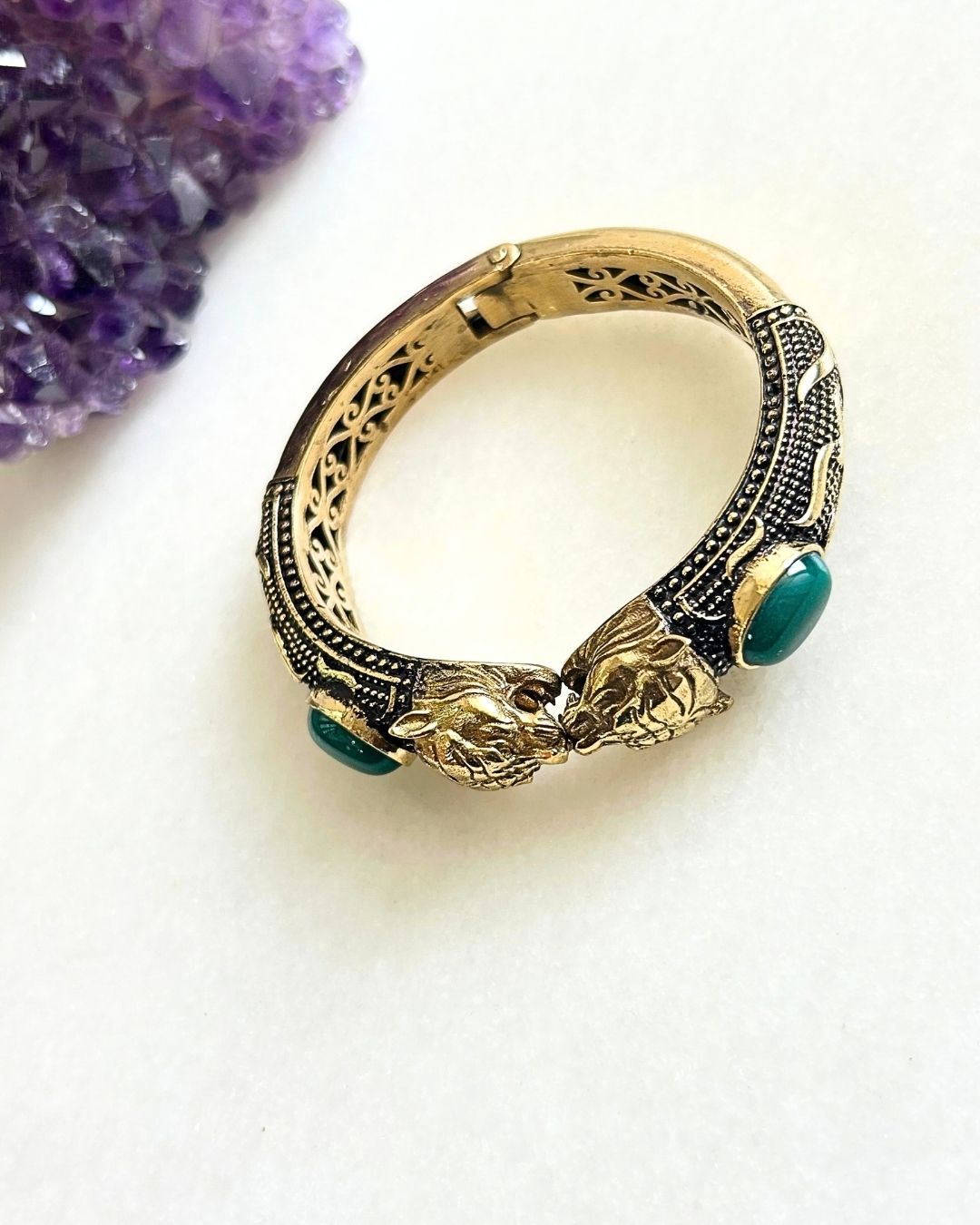 Double Elephant Brass Cuff Bracelet With Natural Stones - Image 2