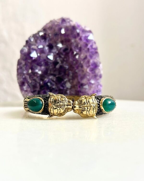 Double Elephant Brass Cuff Bracelet With Natural Stones