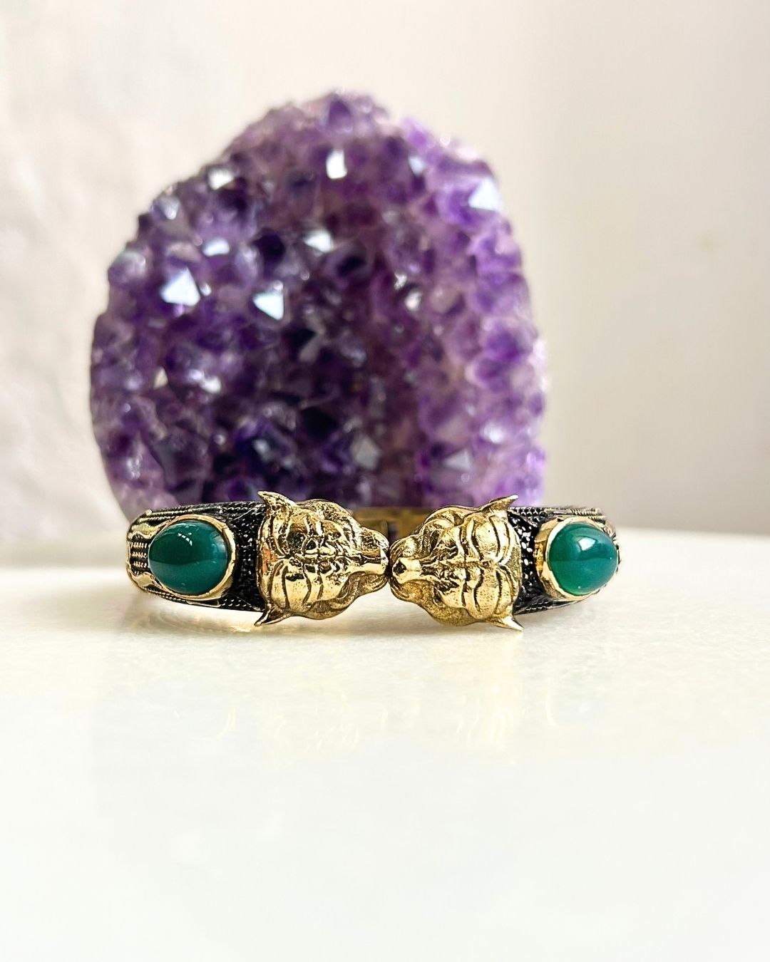 Double Elephant Brass Cuff Bracelet With Natural Stones