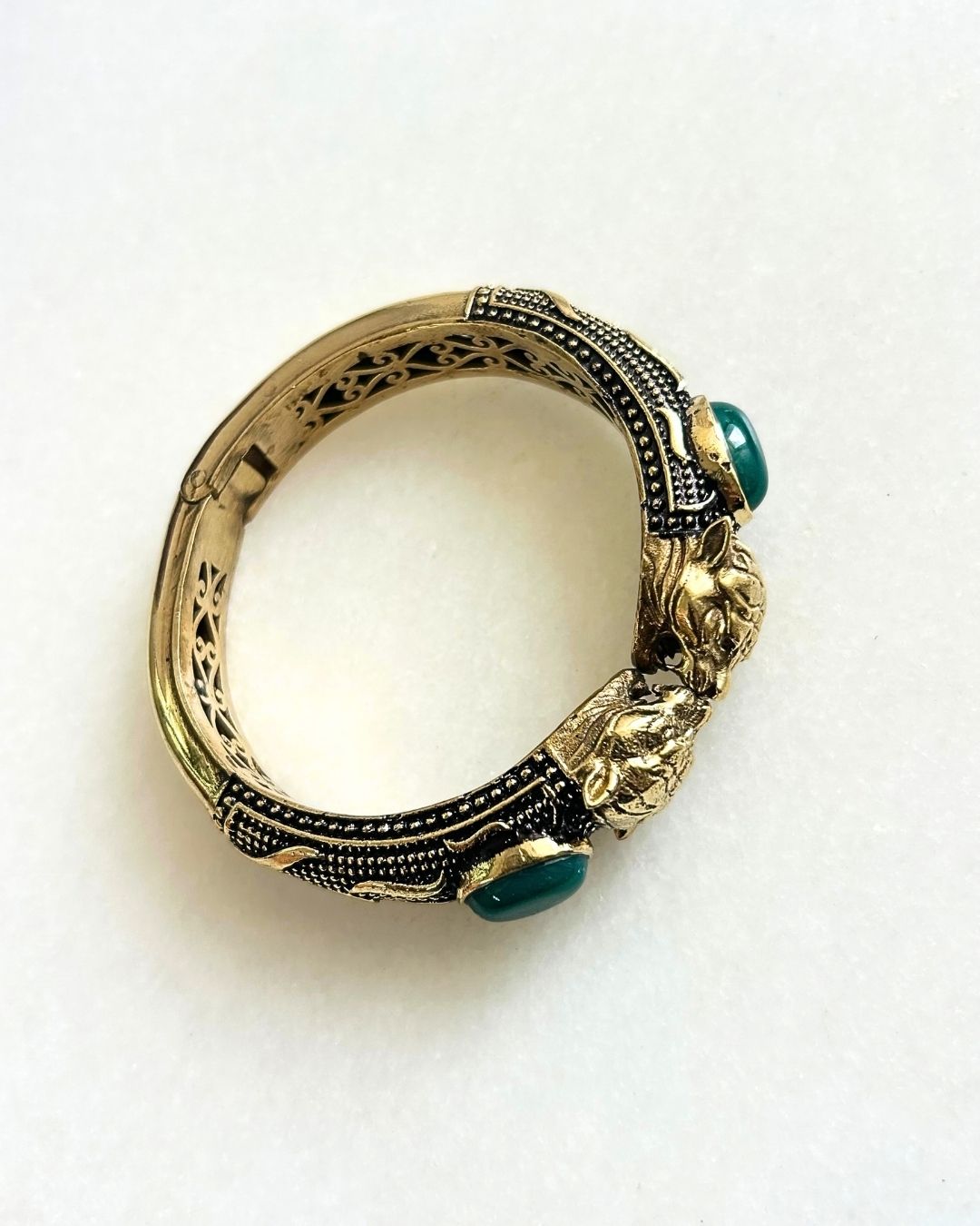 Double Elephant Brass Cuff Bracelet With Natural Stones - Image 4