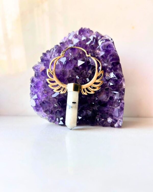 Celestial Wing Brass Hoop Earrings with Assorted Crystal Points