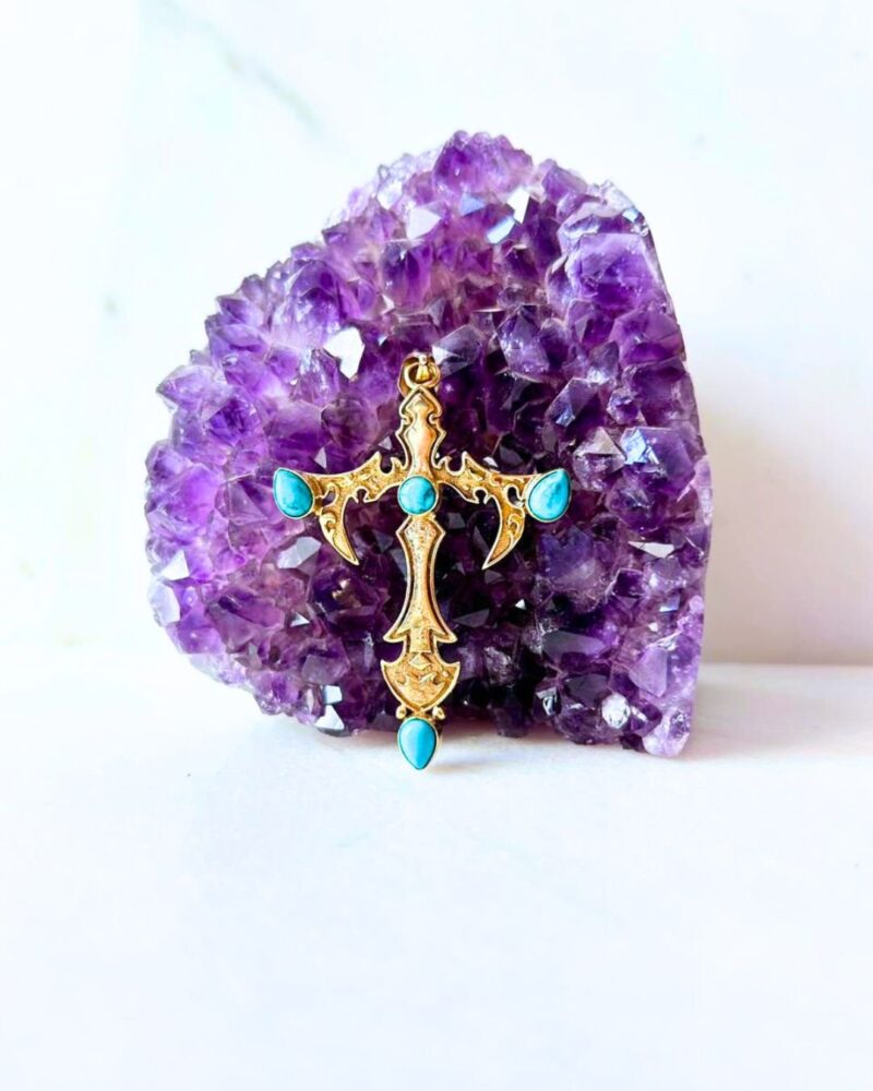 Cross Ornate Gemstone Brass Pendant - Image 2