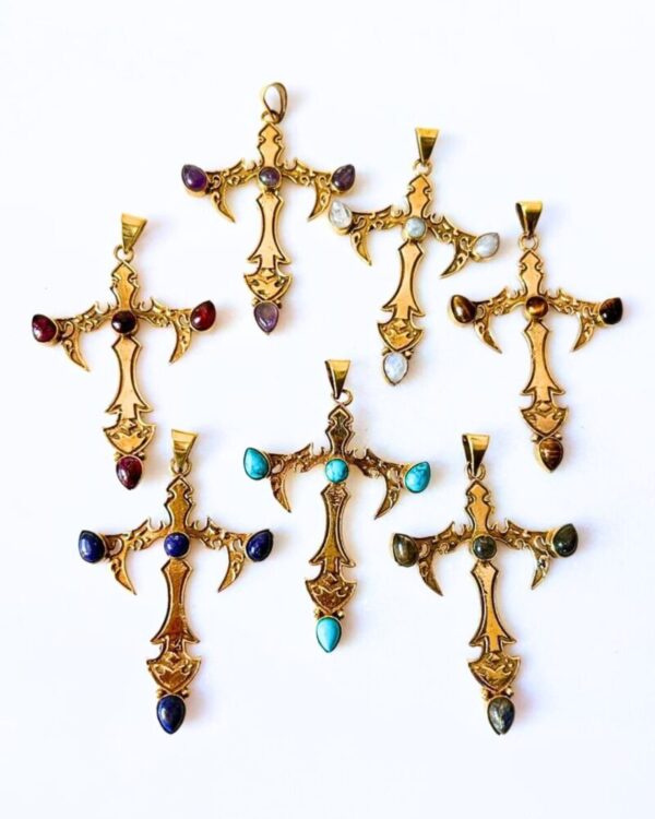 Cross Ornate Gemstone Brass Pendant