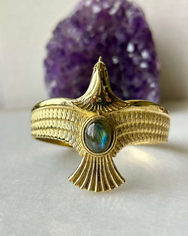Bird Statement Brass Cuff Bracelet With Natural Stones