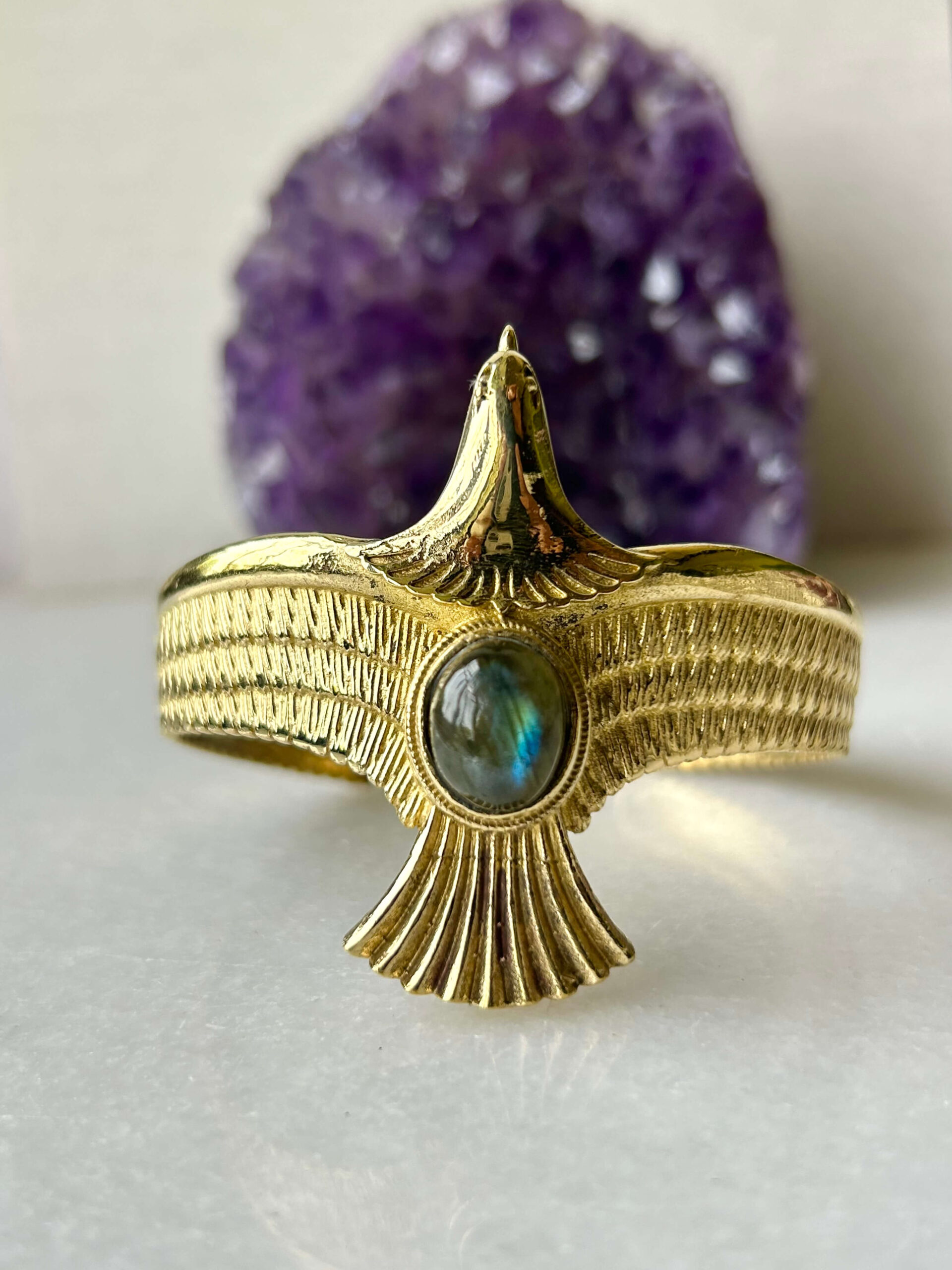 Bird Statement Brass Cuff Bracelet With Natural Stones