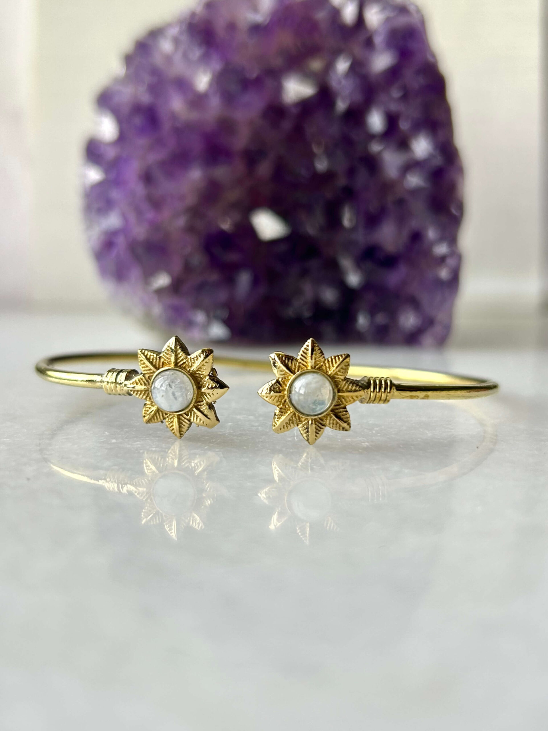 Sunflower Brass Cuff Bracelet With Moonstones