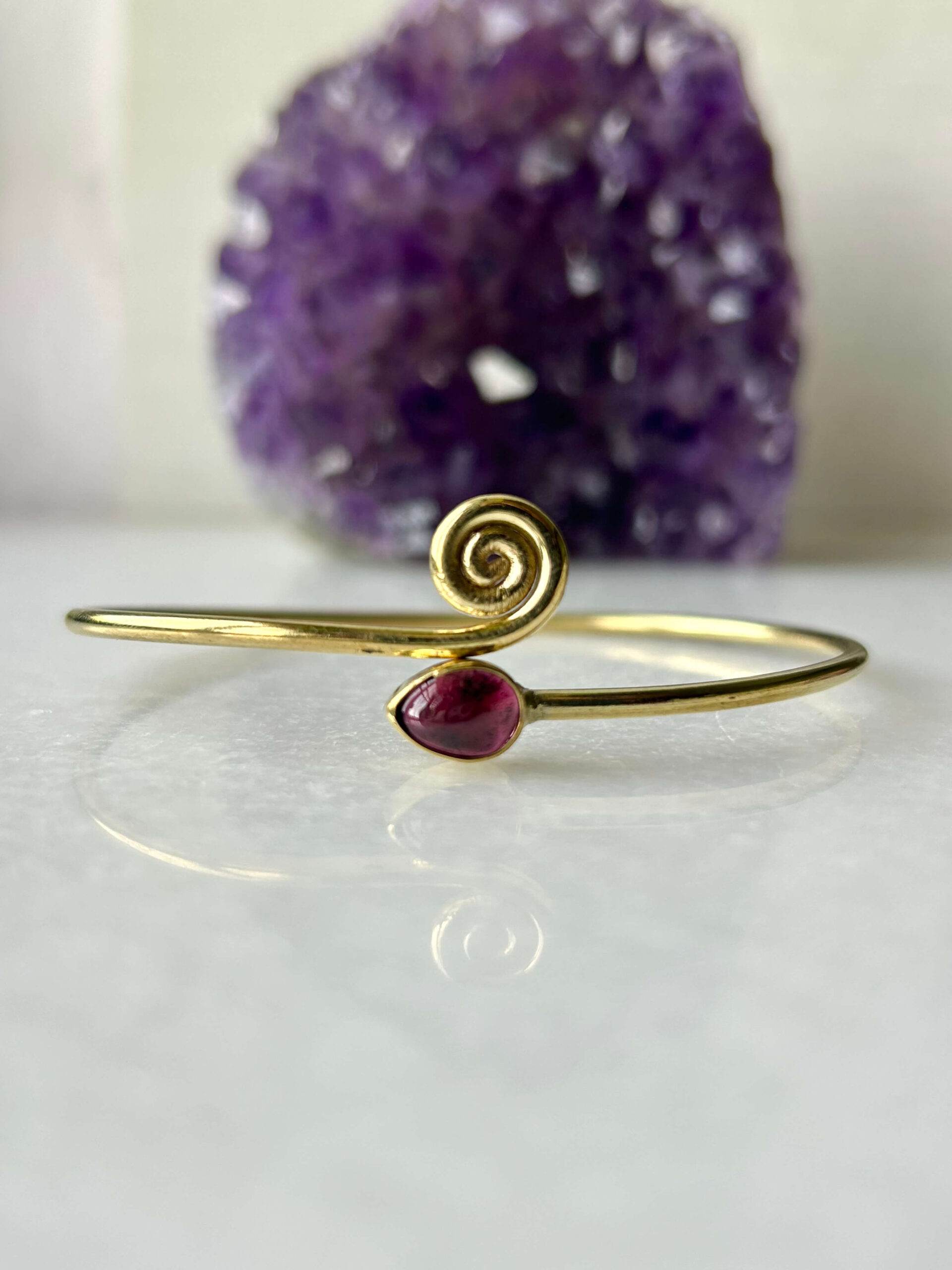 Spiral Brass Cuff Bracelet With Natural Stones