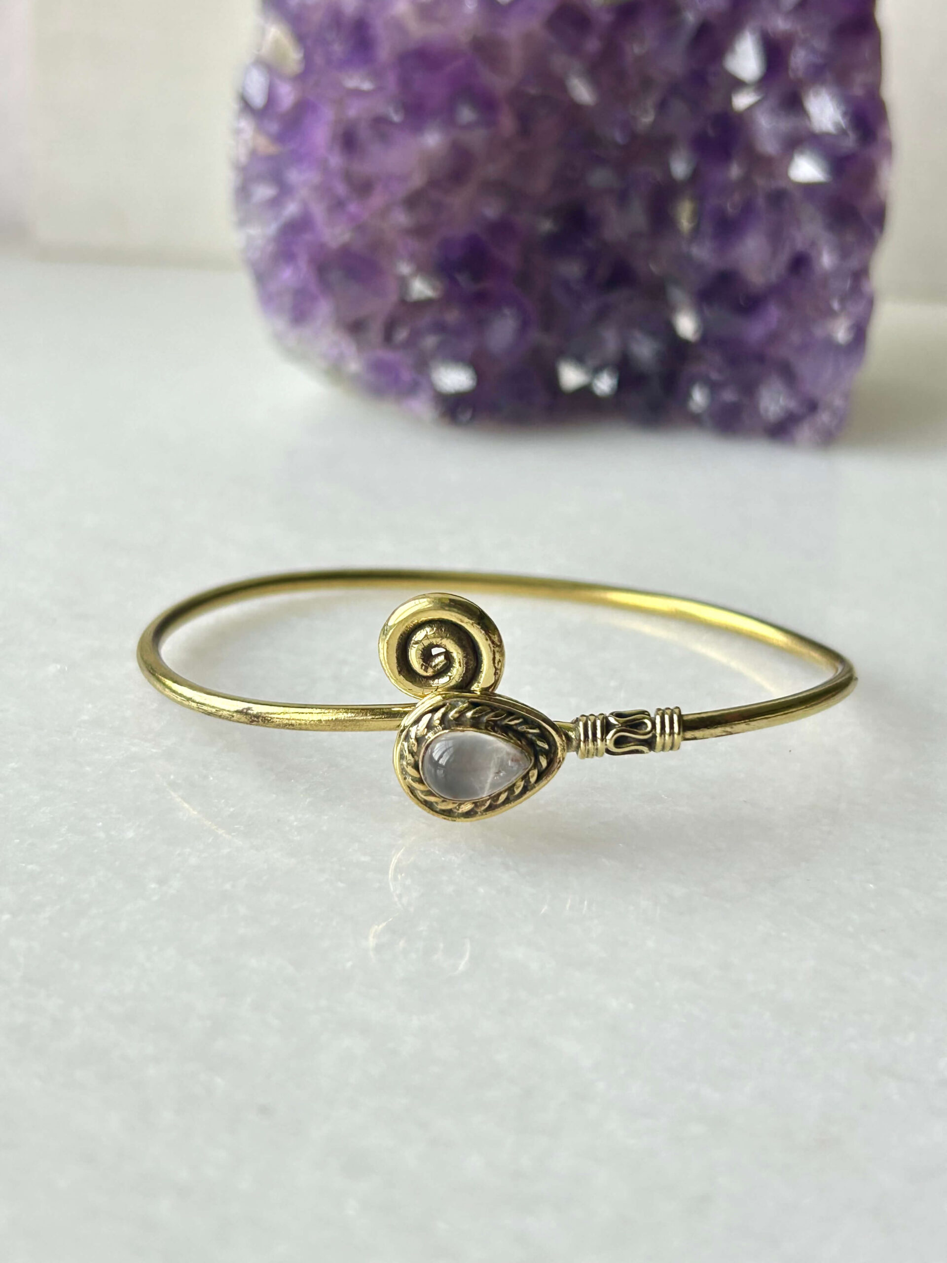 Teardrop Spiral Brass Cuff Bracelet With Stone
