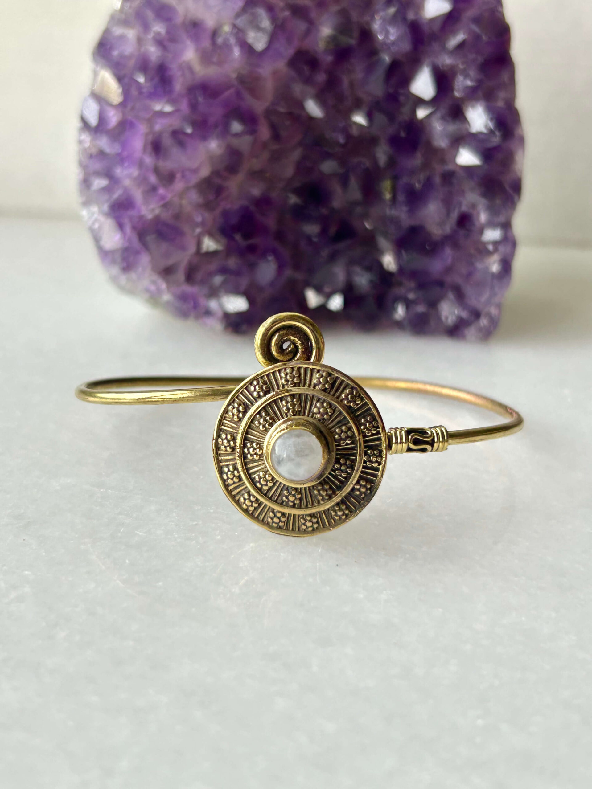 Stone Mandala Brass Cuff Bracelet With Moonstone
