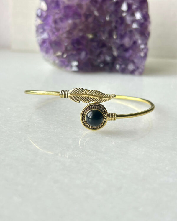 Feather Brass Cuff Bracelet With Black Onyx