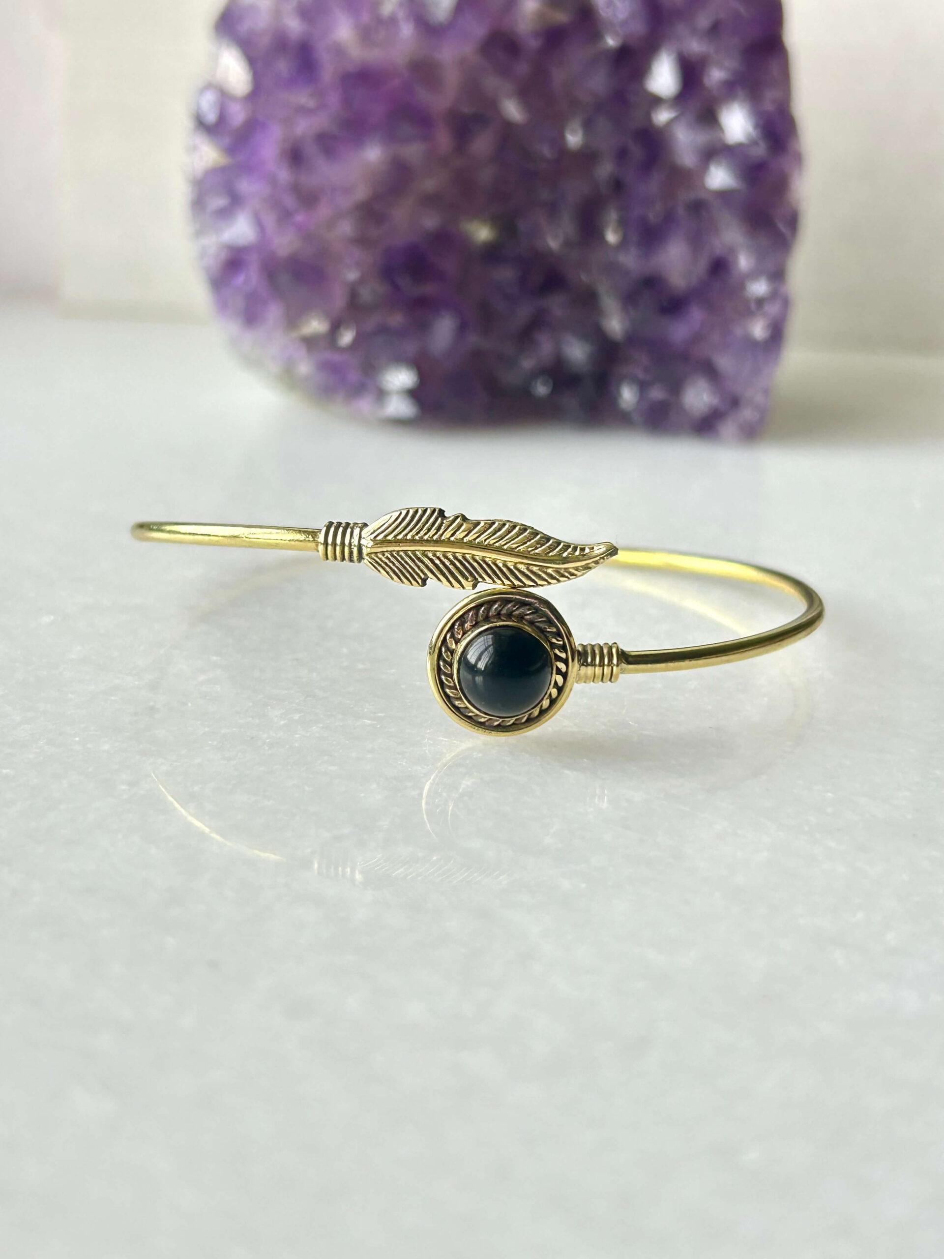 Feather Brass Cuff Bracelet With Black Onyx