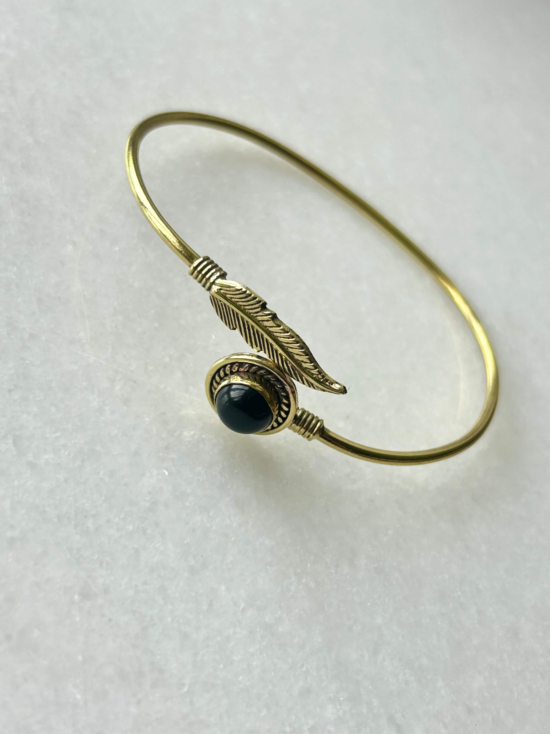 Feather Brass Cuff Bracelet With Black Onyx - Image 2