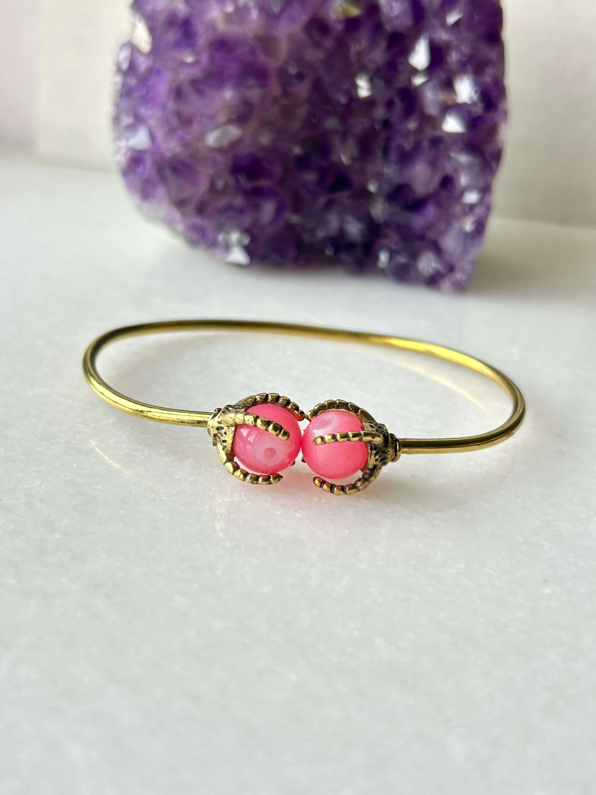 Double Stone Brass Cuff Bracelet With Stone Beads
