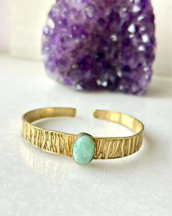 Textured Brass Cuff Bracelet With Amazonite
