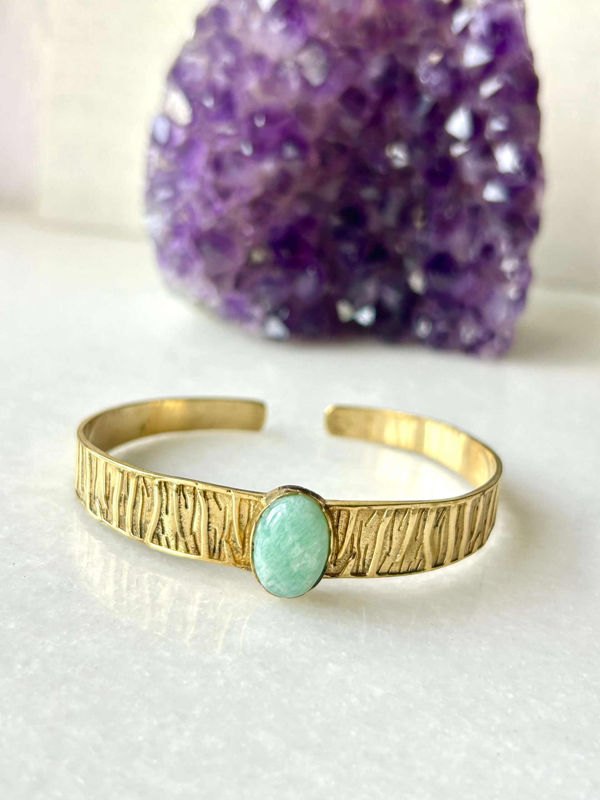 Textured Brass Cuff Bracelet With Amazonite