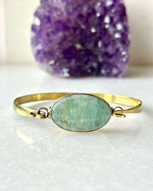 Oval Stone Brass Cuff Bracelet With Amazonite