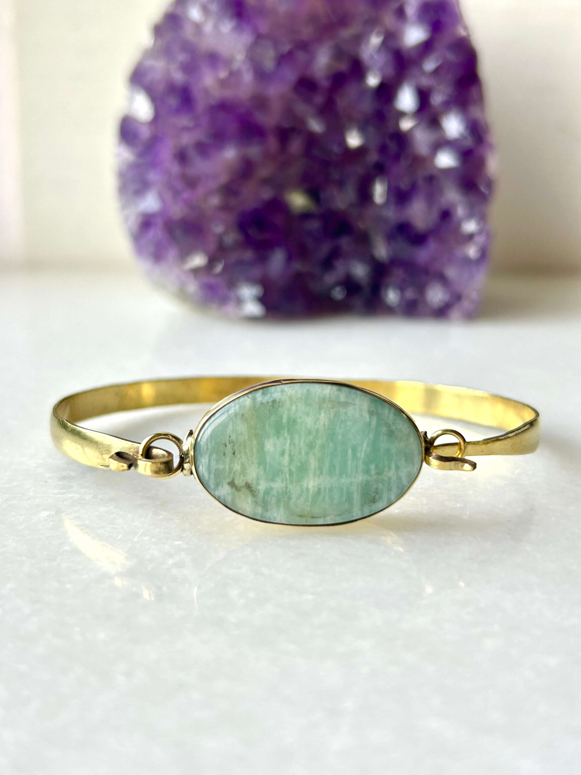 Oval Stone Brass Cuff Bracelet With Amazonite