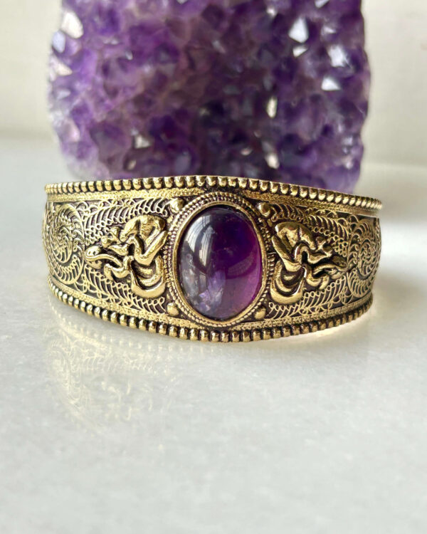 Ornamental Brass Cuff Bracelet With Amethyst Stone