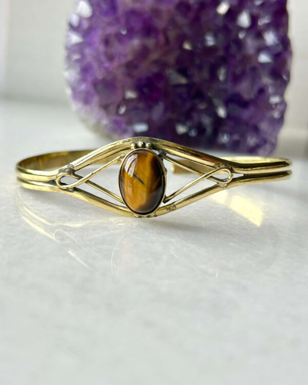 Curved Stone Brass Cuff Bracelet With Tiger's Eye