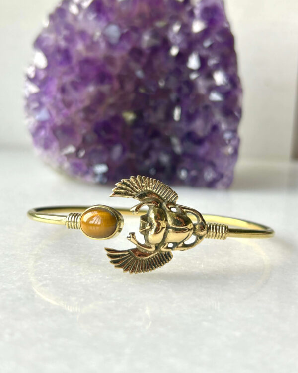 Winged Feather Brass Cuff Bracelet With Tiger's Eye