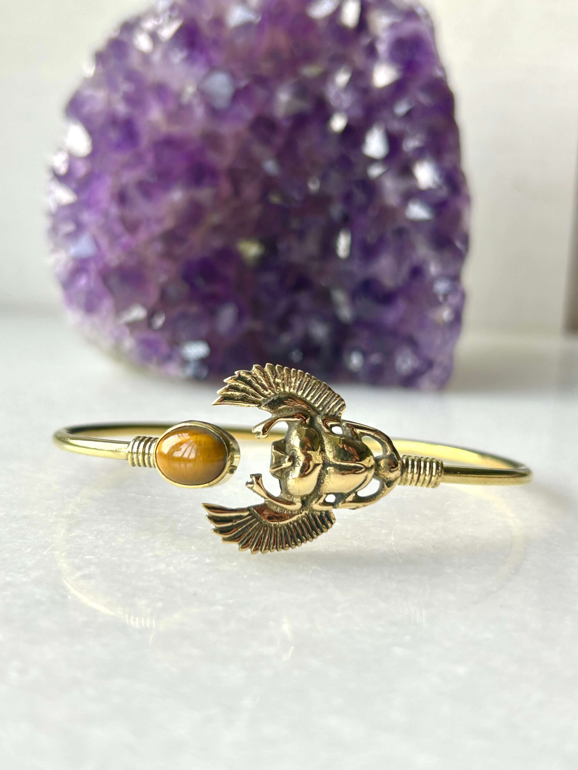 Winged Feather Brass Cuff Bracelet With Tiger's Eye