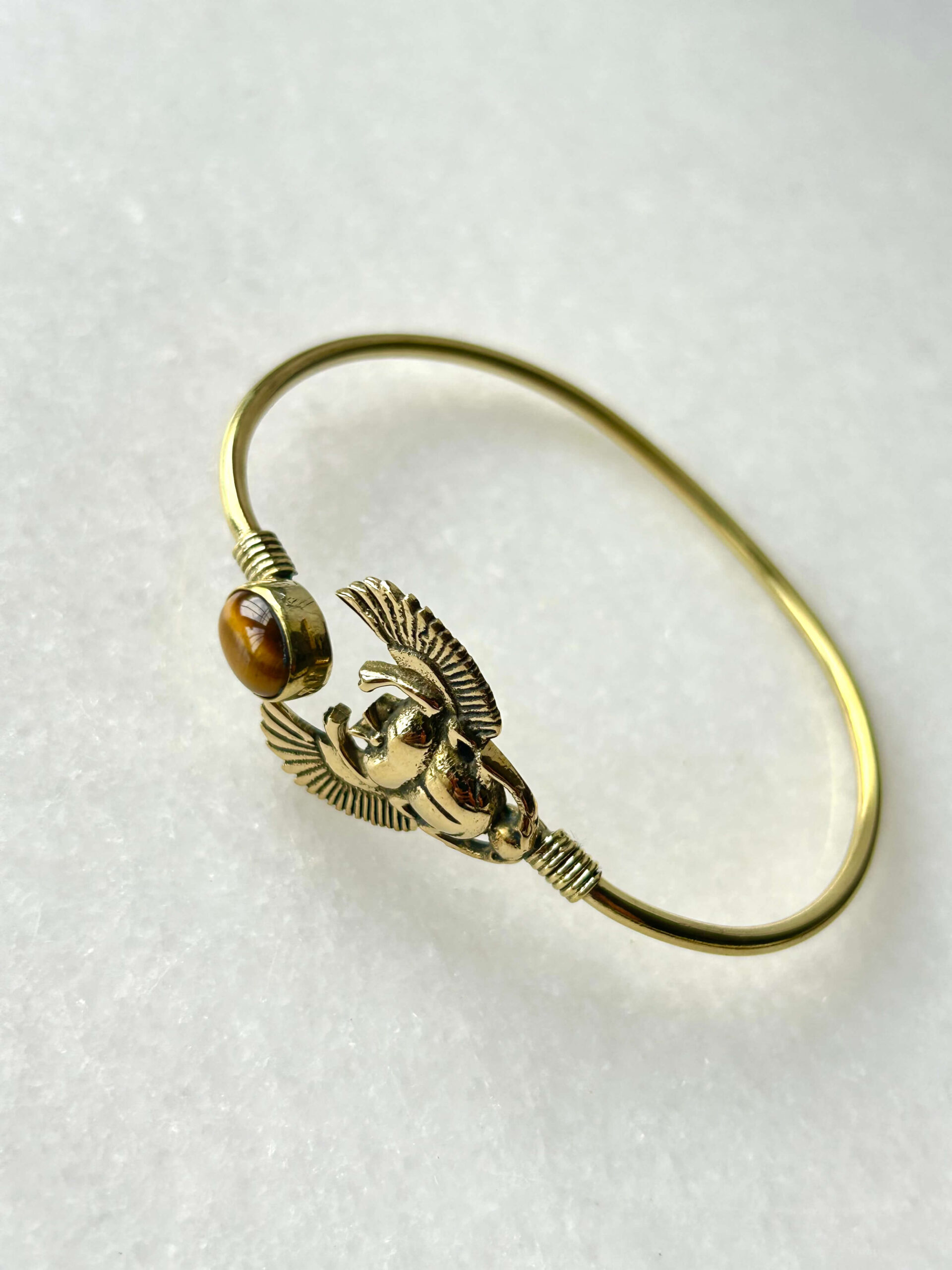 Winged Feather Brass Cuff Bracelet With Tiger's Eye - Image 2