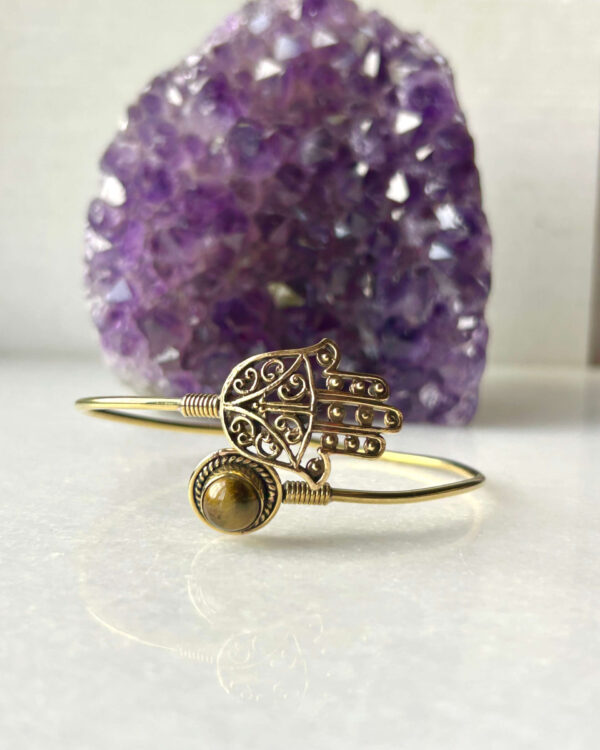 Hamsa Hand Brass Cuff Bracelet With Tiger's Eye