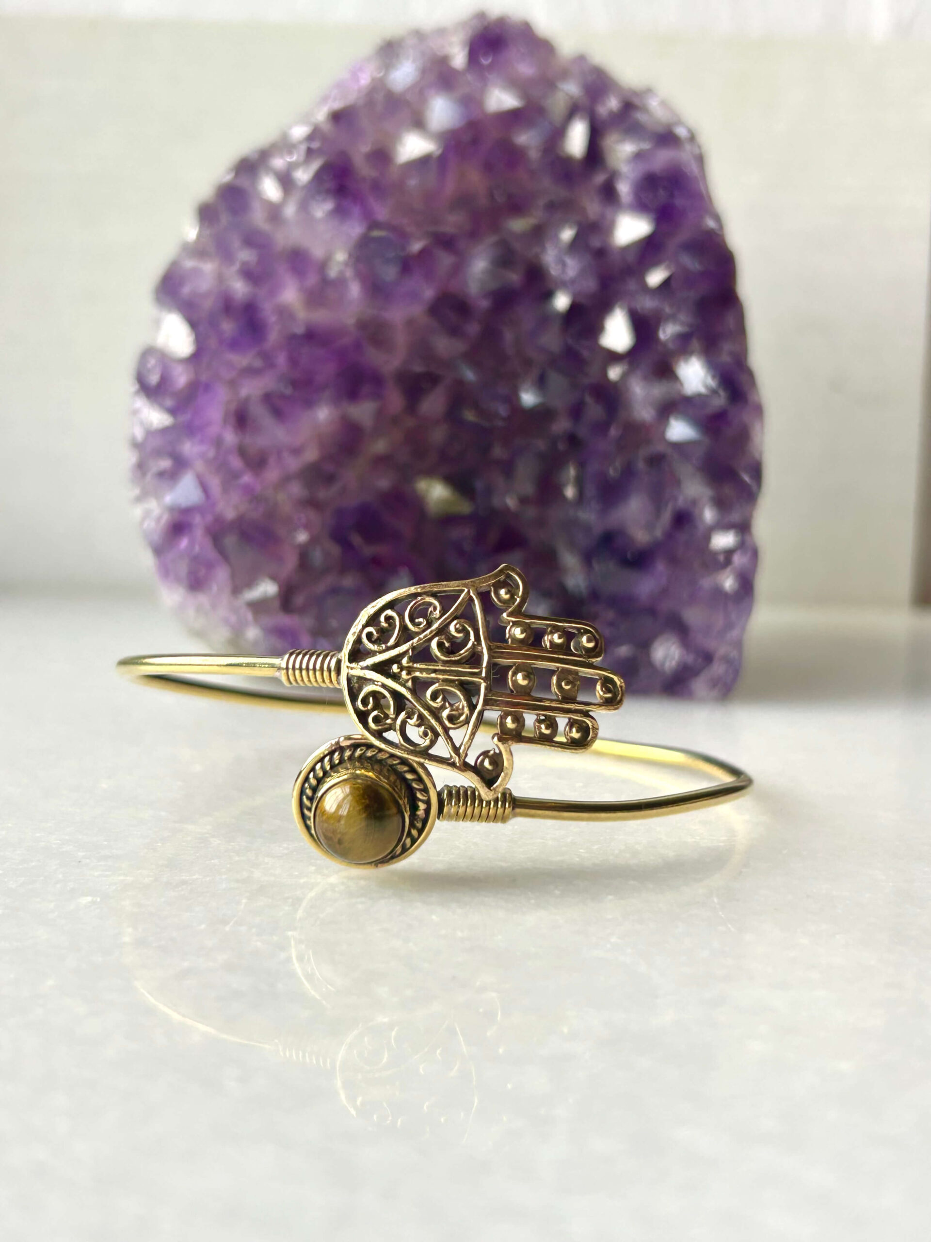 Hamsa Hand Brass Cuff Bracelet With Tiger's Eye