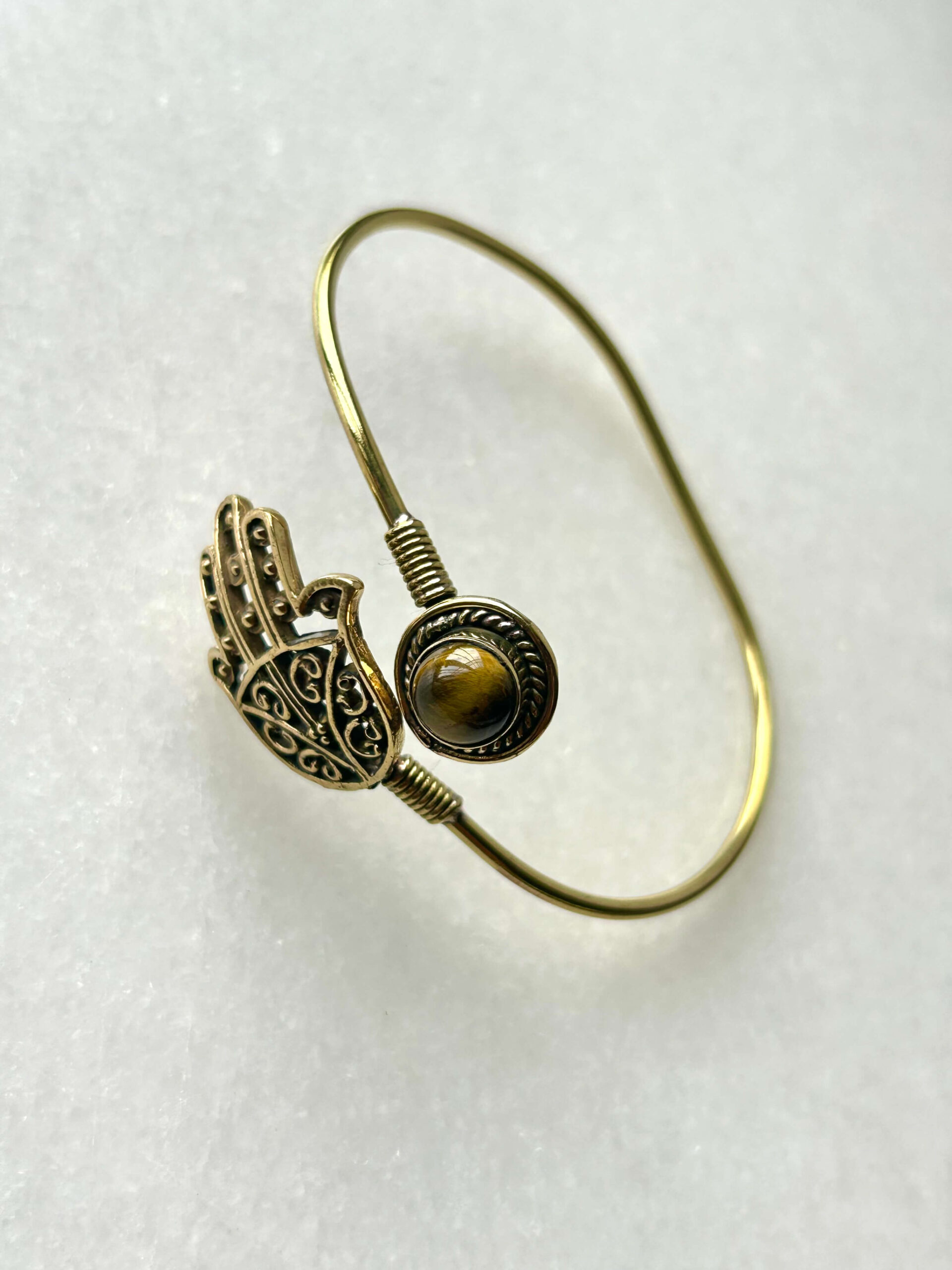 Hamsa Hand Brass Cuff Bracelet With Tiger's Eye - Image 2