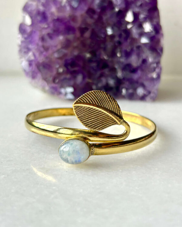 Leaf Brass Cuff Bracelet With Moonstone