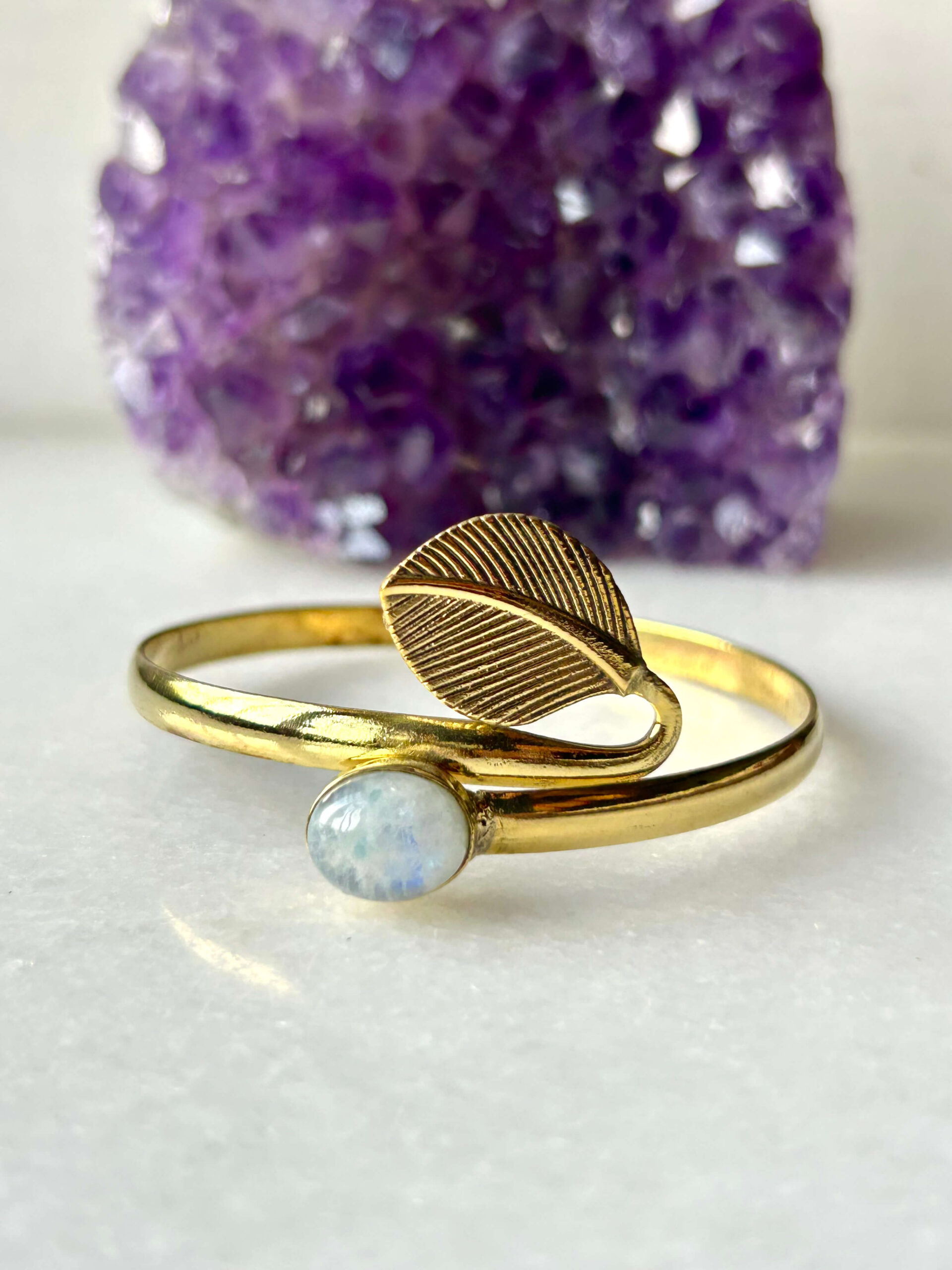 Leaf Brass Cuff Bracelet With Moonstone