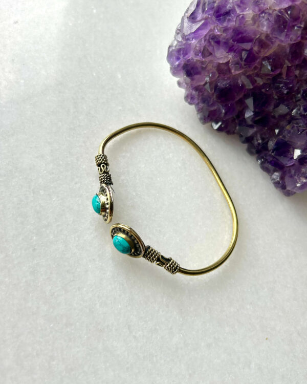 Double Stone Brass Cuff Bracelet With Chinese Turquoise