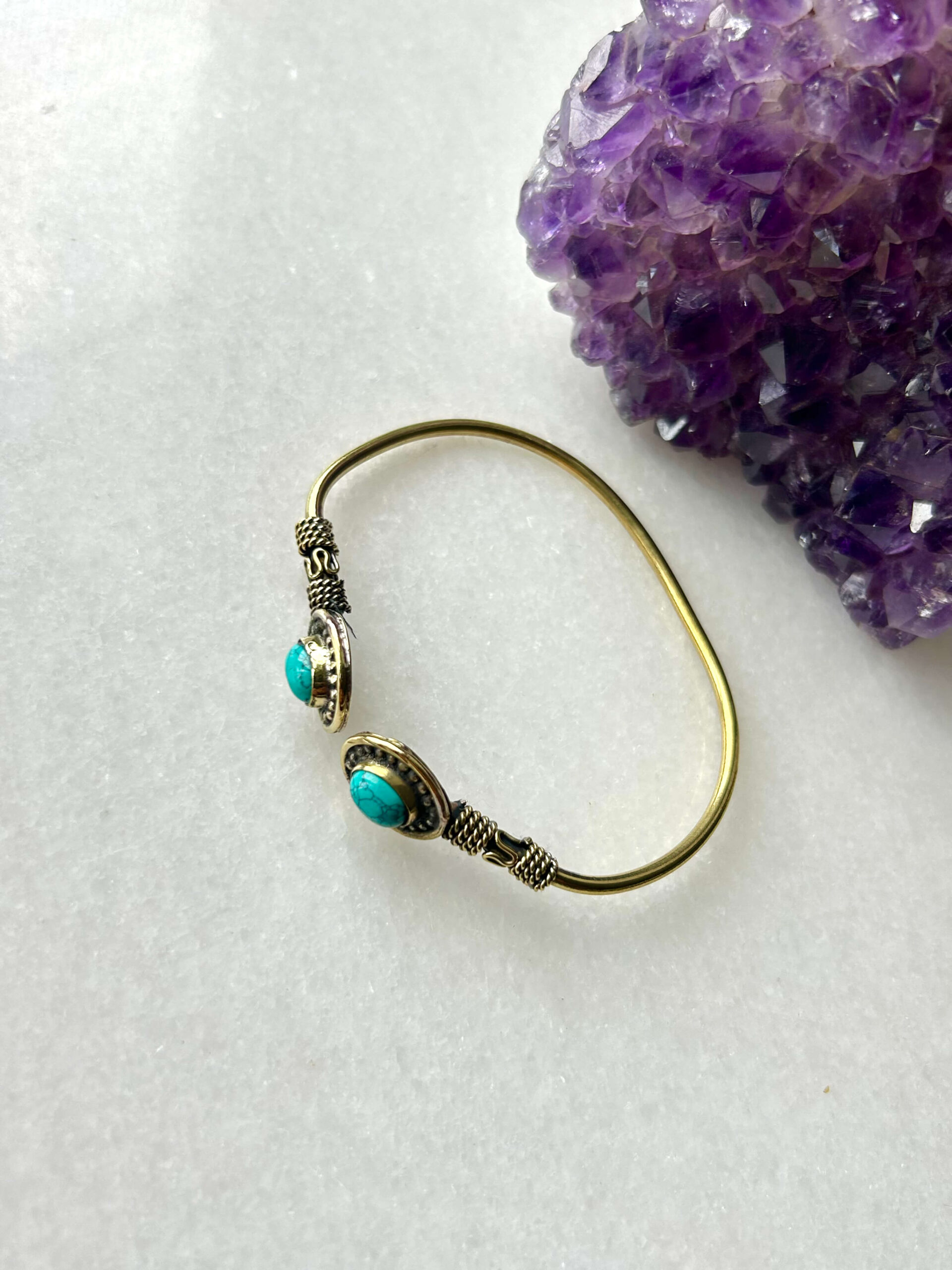 Double Stone Brass Cuff Bracelet With Chinese Turquoise