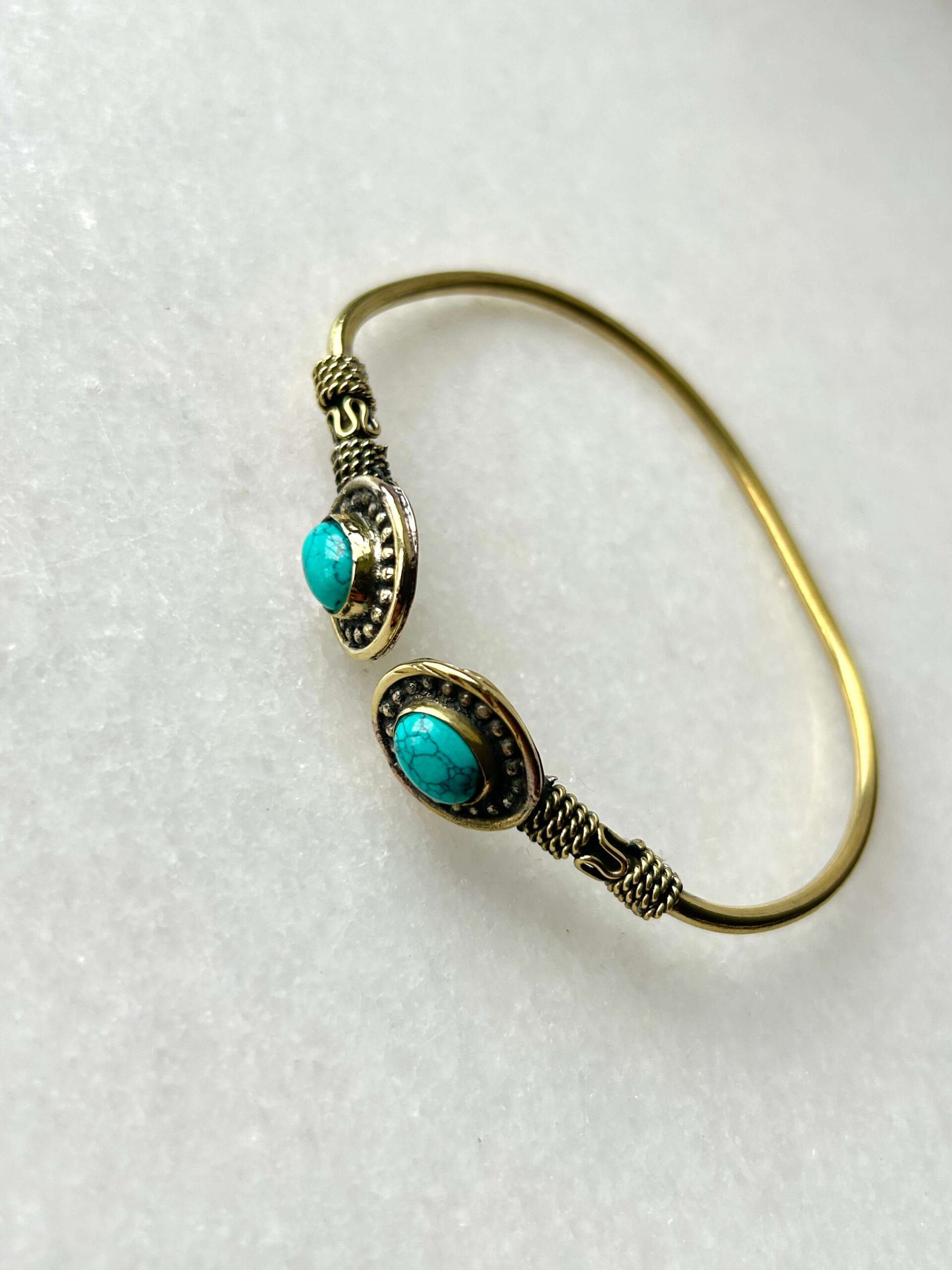 Double Stone Brass Cuff Bracelet With Chinese Turquoise - Image 2