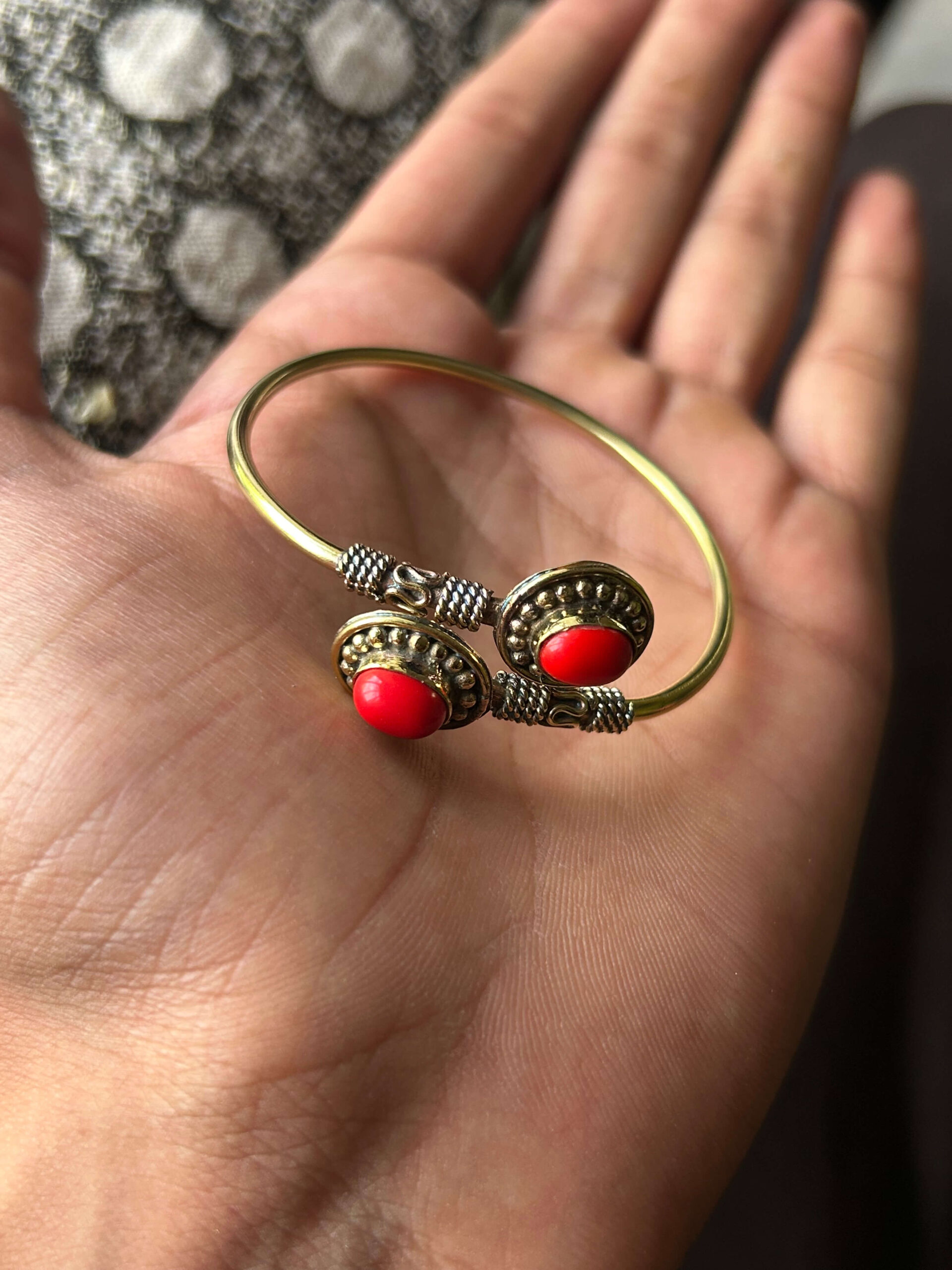 Dotted Stone Brass Cuff Bracelet With Dyed Red Stones - Image 4