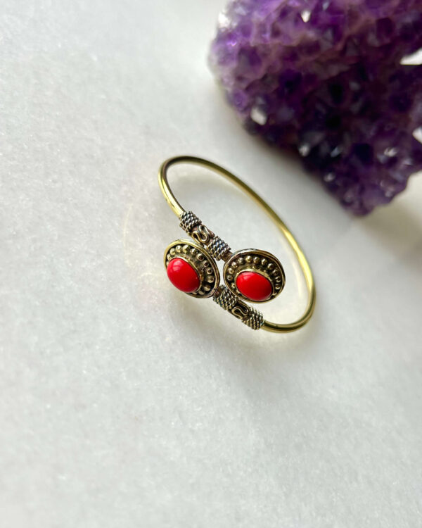 Dotted Stone Brass Cuff Bracelet With Dyed Red Stones