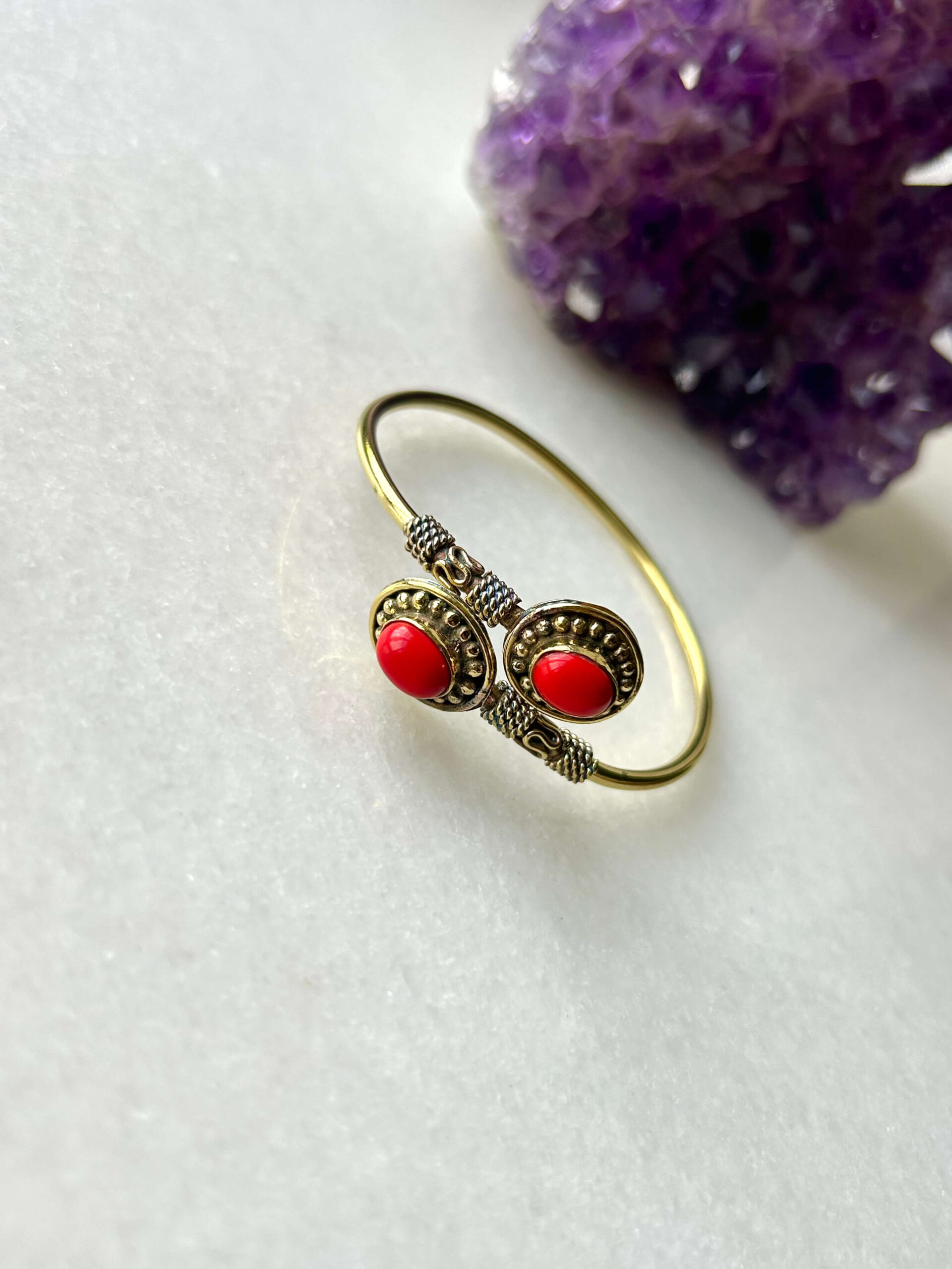 Dotted Stone Brass Cuff Bracelet With Dyed Red Stones