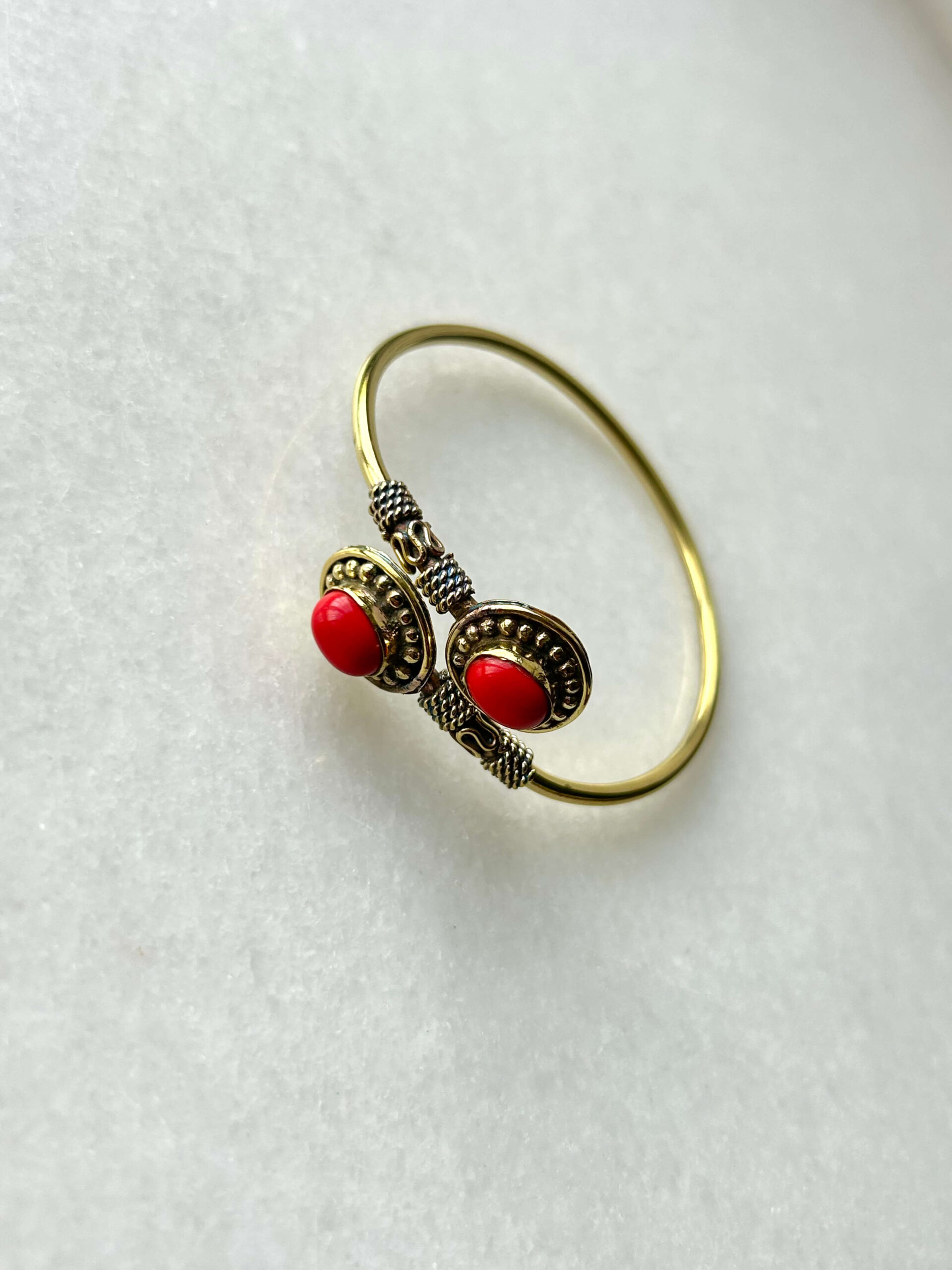Dotted Stone Brass Cuff Bracelet With Dyed Red Stones - Image 2