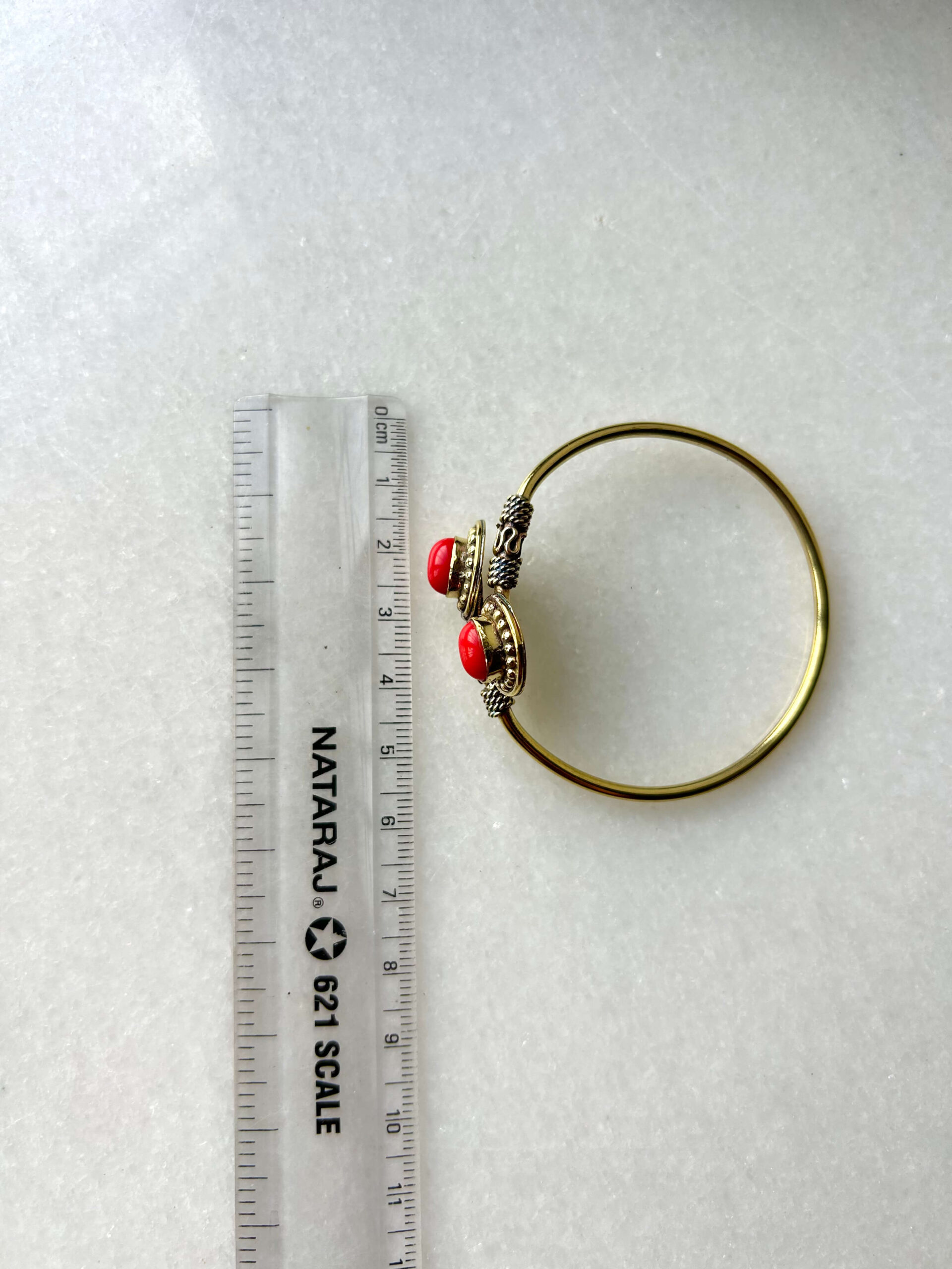 Dotted Stone Brass Cuff Bracelet With Dyed Red Stones - Image 3